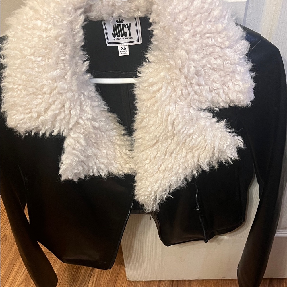 Juicy Couture Black Leather Jacket with White Faux Fur